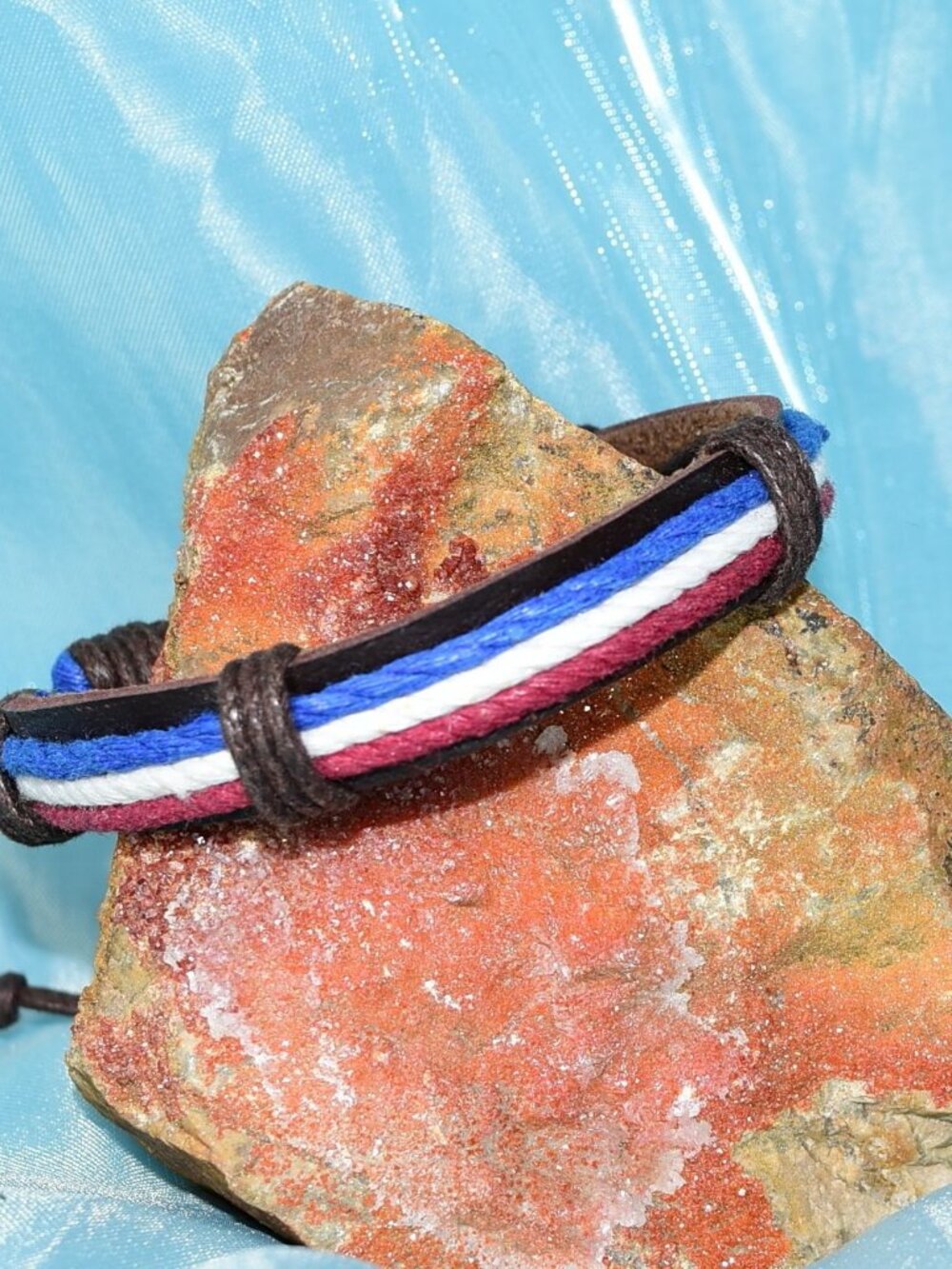 Cameron Layer Hemp Tie Leather Bracelet Brown Red White Blue Womens Gift Package